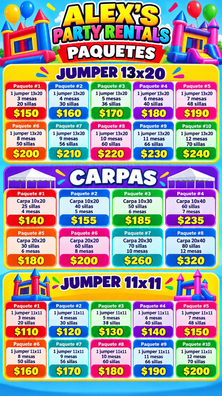 Lista de paquetes de Alex's Party Rentals: brincolín 13x20, carpas y brincolín 11x11 con precios