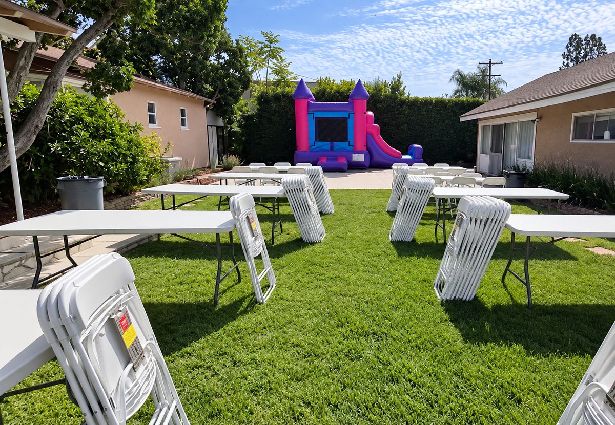 Montaje de fiesta con mesas, sillas y brincolín